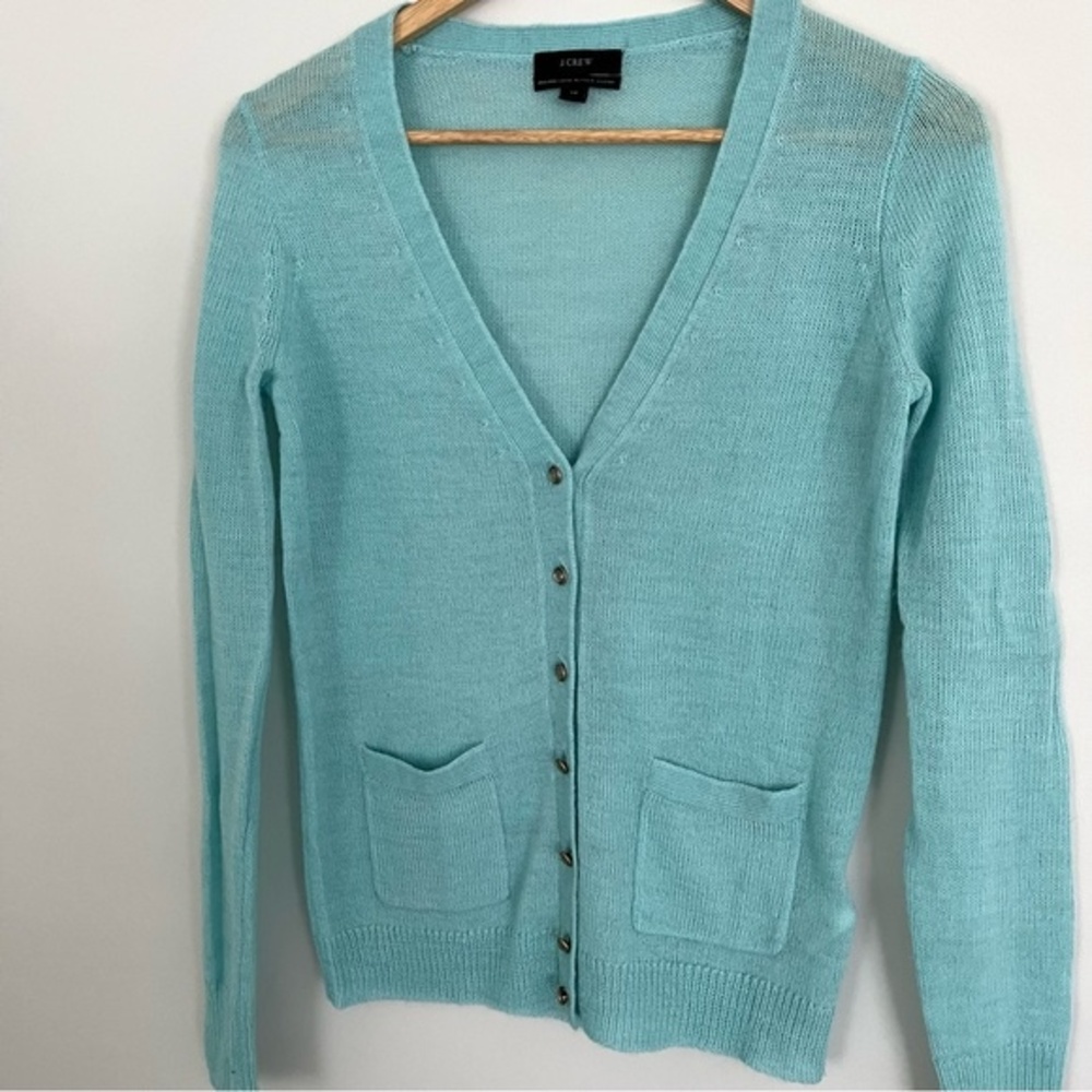 J. Crew Italian Spun Alpaca Blend Jewel Button Cardigan Aquamarine, Size XS NWOT - Picture 3 of 9